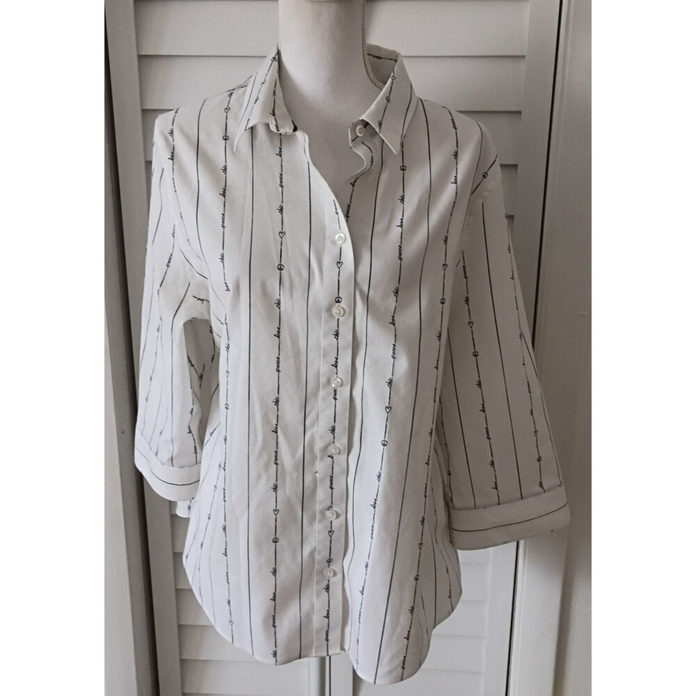 Chico's button front blouse stripe peace love 3/4 sleeve No Iron 3 (16)